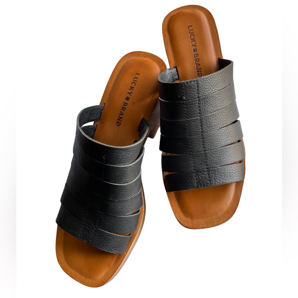 Lucky Brand Women's Paydin Black Leather Strappy Clog Mule Sandal Sz 9